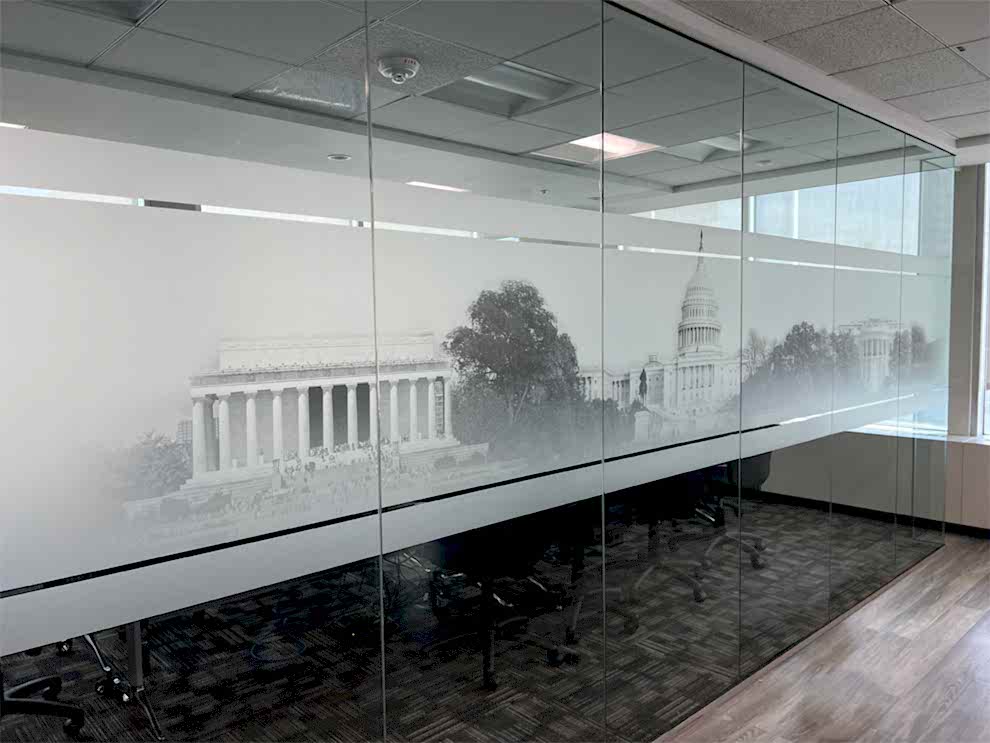 Branded adhesive vinyl wall wraps for workplace interiors in Charlotte, NC