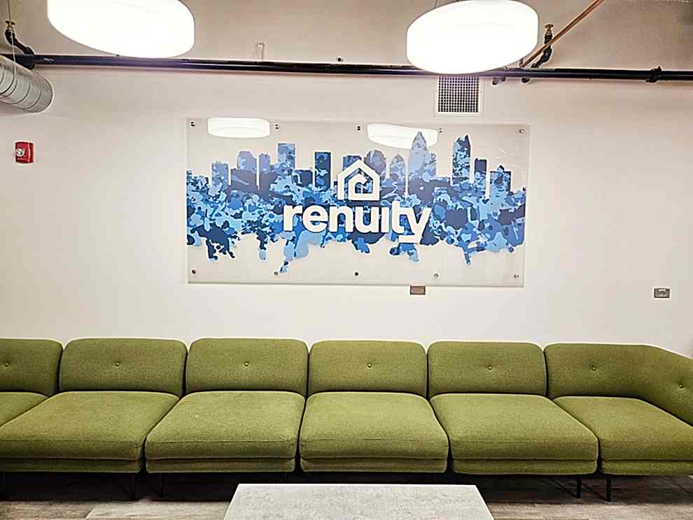 Lobby Signs Hickory NC designed and installed with acrylic standoff panels for branded workplace interiors