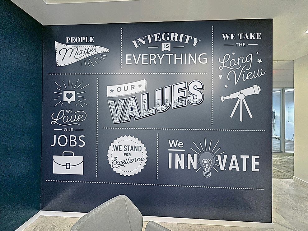 Office lobby wall wrap design for workplace branding in Charlotte, NC