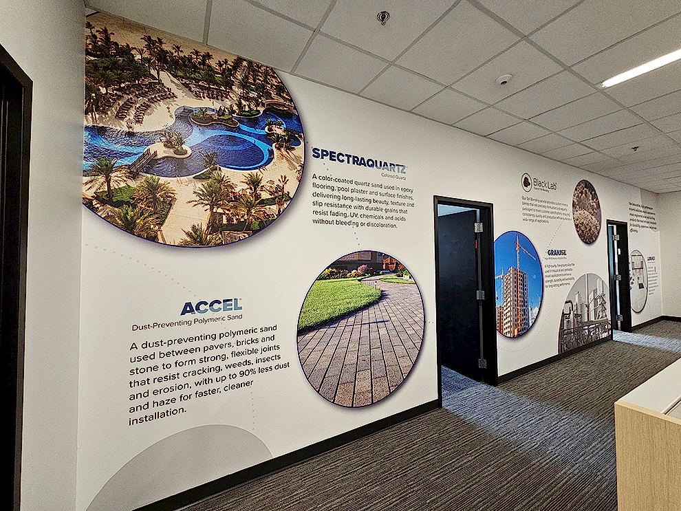 Reception area wall mural with custom branding Charlotte, NC office