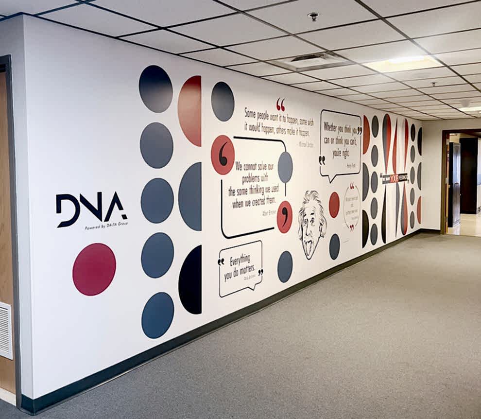 Corporate office wall wrap featuring branded design in Charlotte, NC