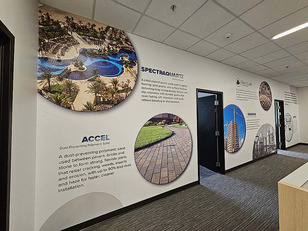 Reception area wall mural with custom branding Concord, NC office