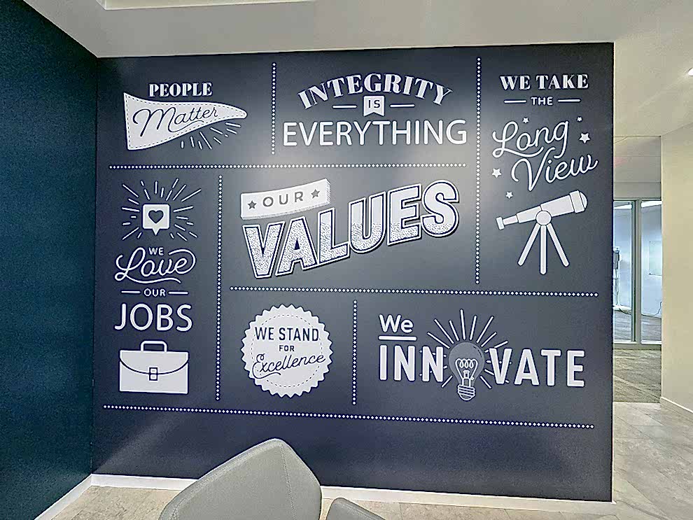 Office lobby wall wrap design for workplace branding in Fort Mill, SC