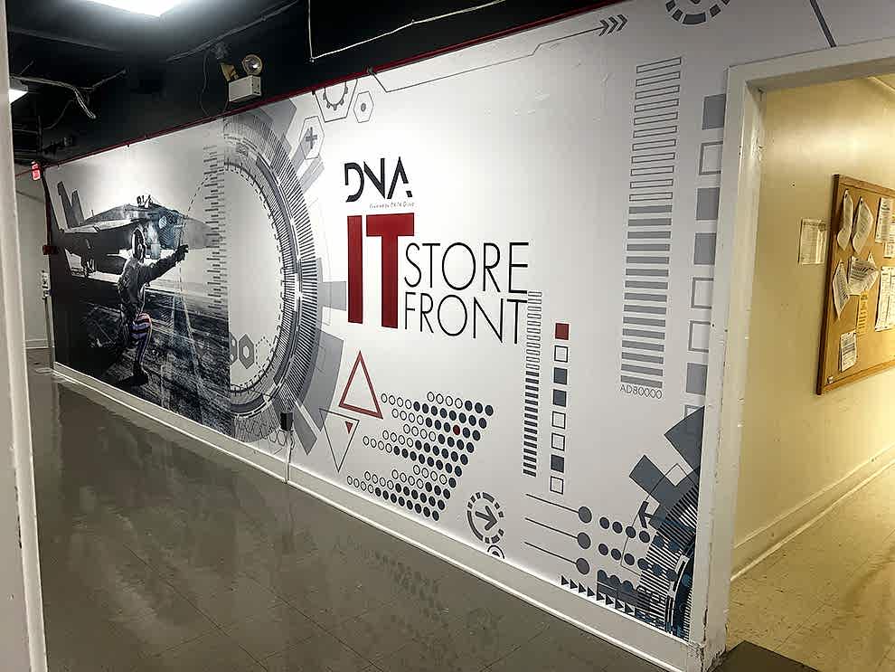 Hallway wall wrap with branded graphics for workplace in Fort Mill, SC
