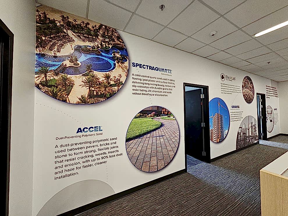 Reception area wall mural with custom branding Fort Mill, SC office