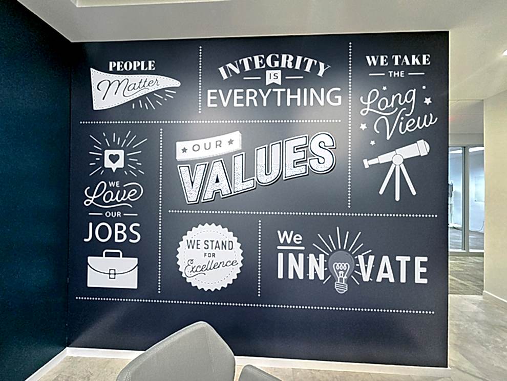 Office lobby wall wrap design for workplace branding in Gastonia, NC