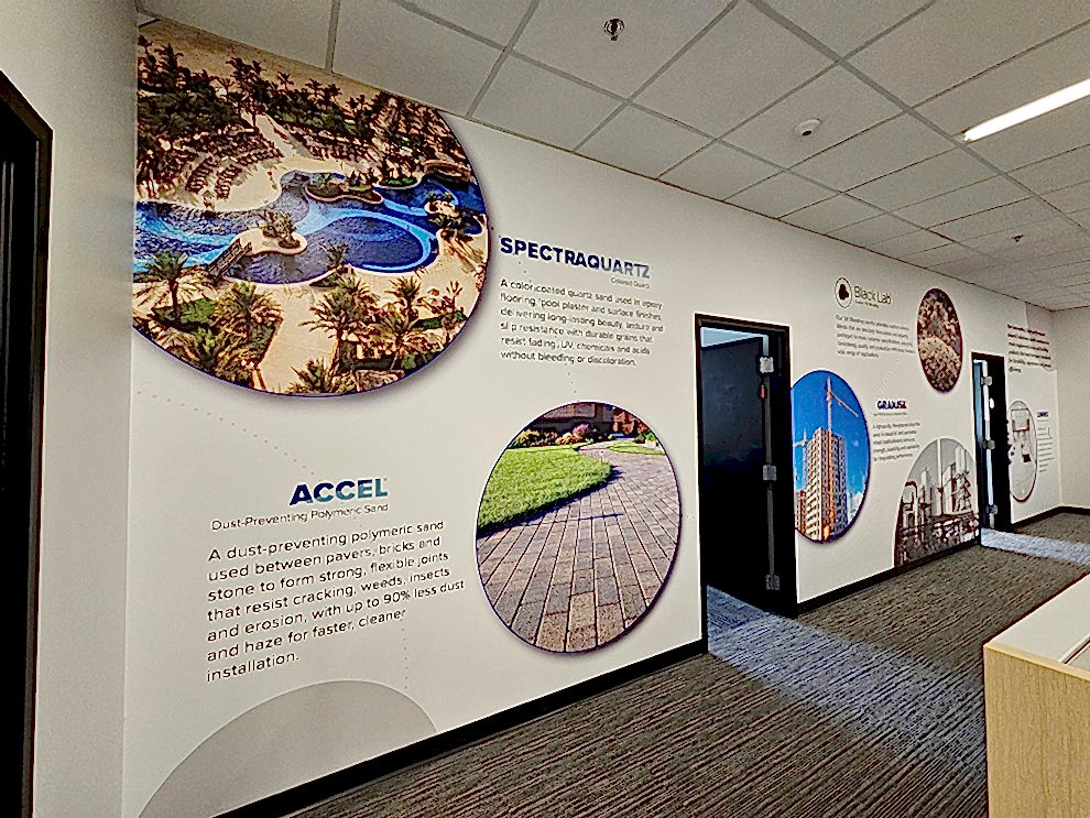 Reception area wall mural with custom branding Gastonia, NC office
