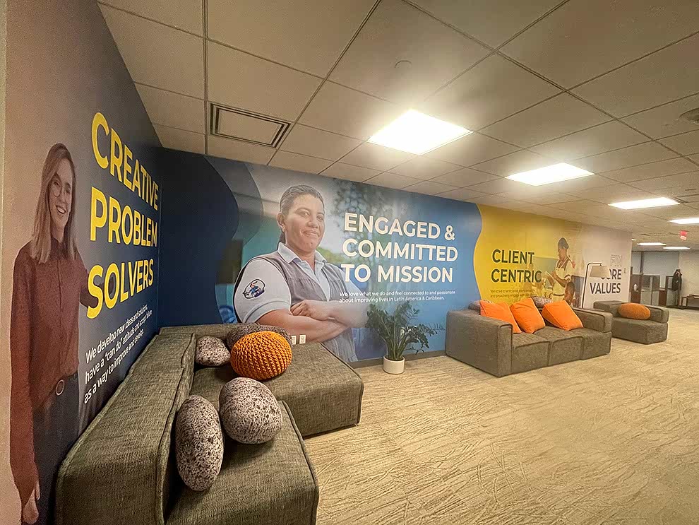 Event venue wall mural with branded graphics near Hickory, NC