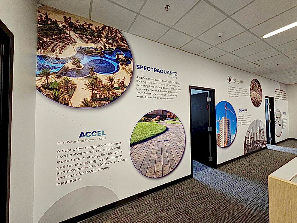 Reception area wall mural with custom branding Hickory, NC office