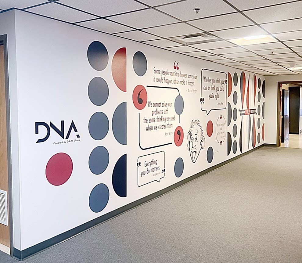 Corporate office wall wrap featuring branded design in Hickory, NC