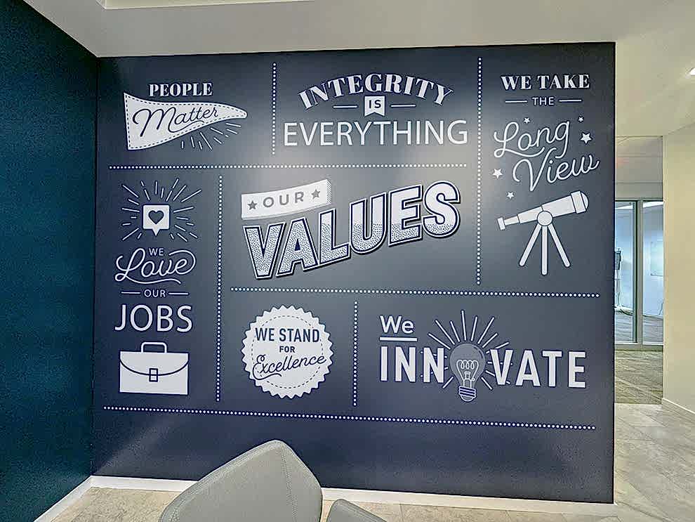 Office lobby wall wrap design for workplace branding in Huntersville, NC