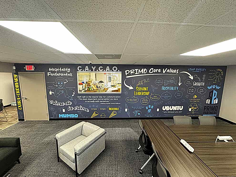 Event space wall mural installed for branding near Huntersville, NC
