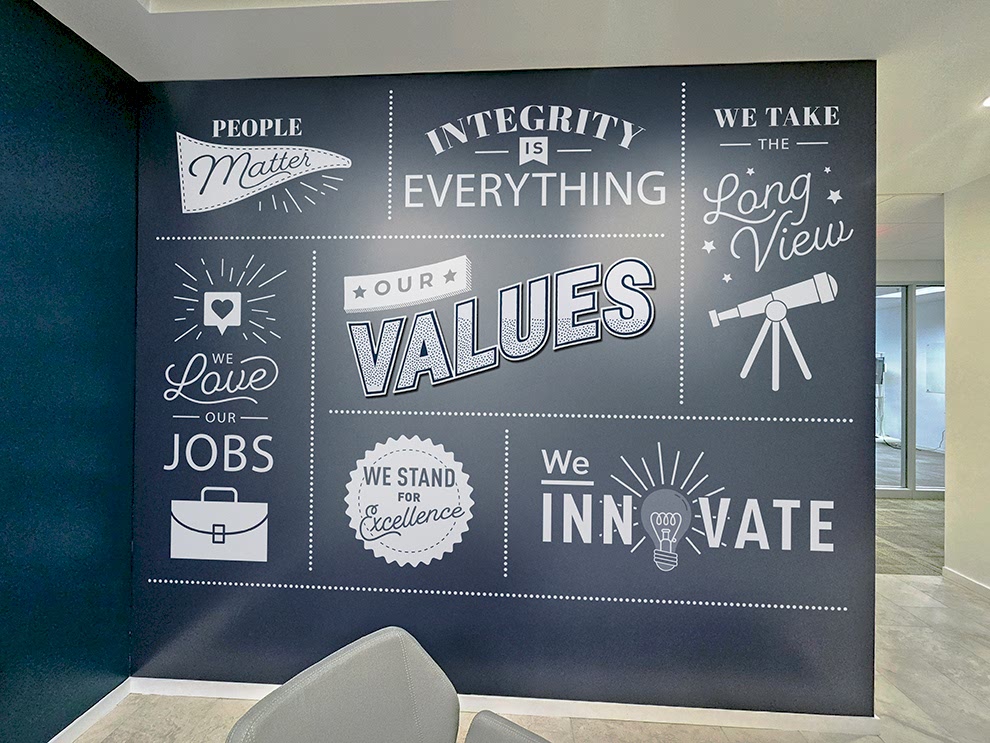 Office lobby wall wrap design for workplace branding in Kannapolis, NC