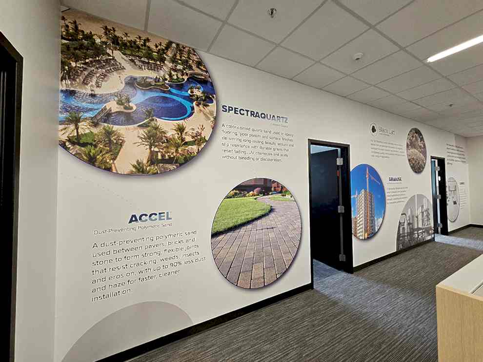 Reception area wall mural with custom branding Kannapolis, NC office