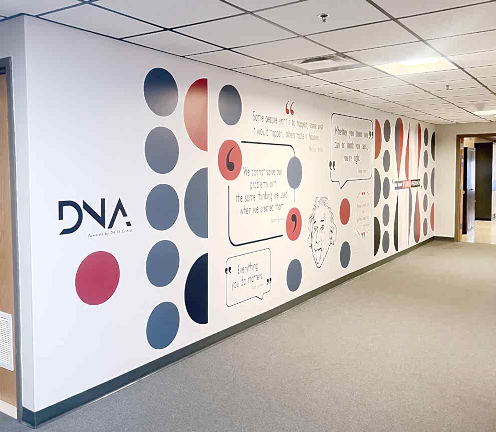 Corporate office wall wrap featuring branded design in Kannapolis, NC