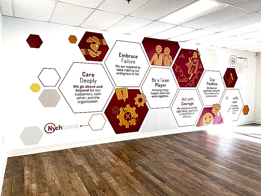 Hallway wall wrap with branded graphics for workplace in Mooresville, NC