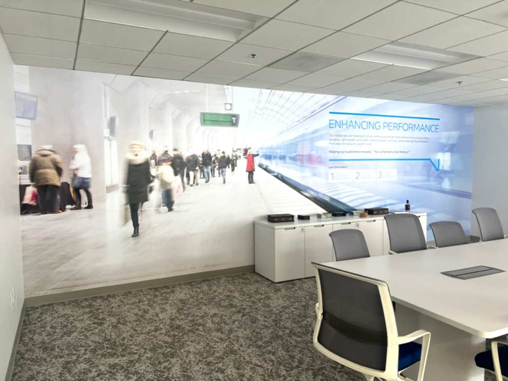 Branded conference room wall wrap design for workplace in Mooresville, NC