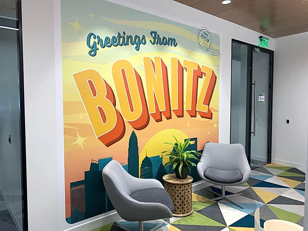 Event space wall mural with creative branding graphics Mooresville, NC