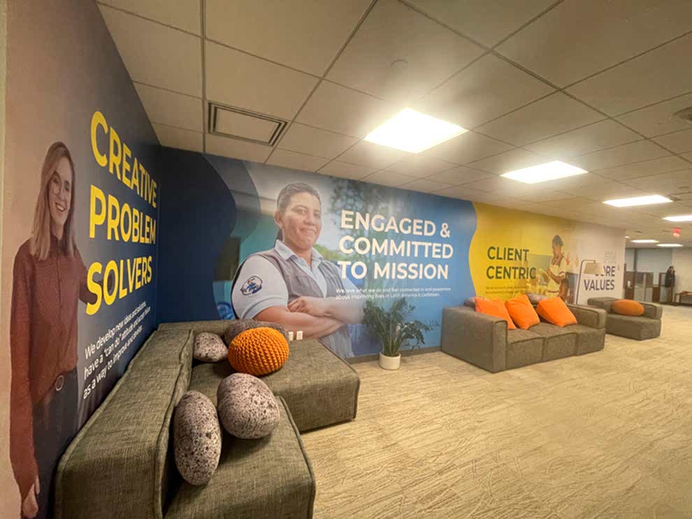 Event venue wall mural with branded graphics near Rock Hill, SC