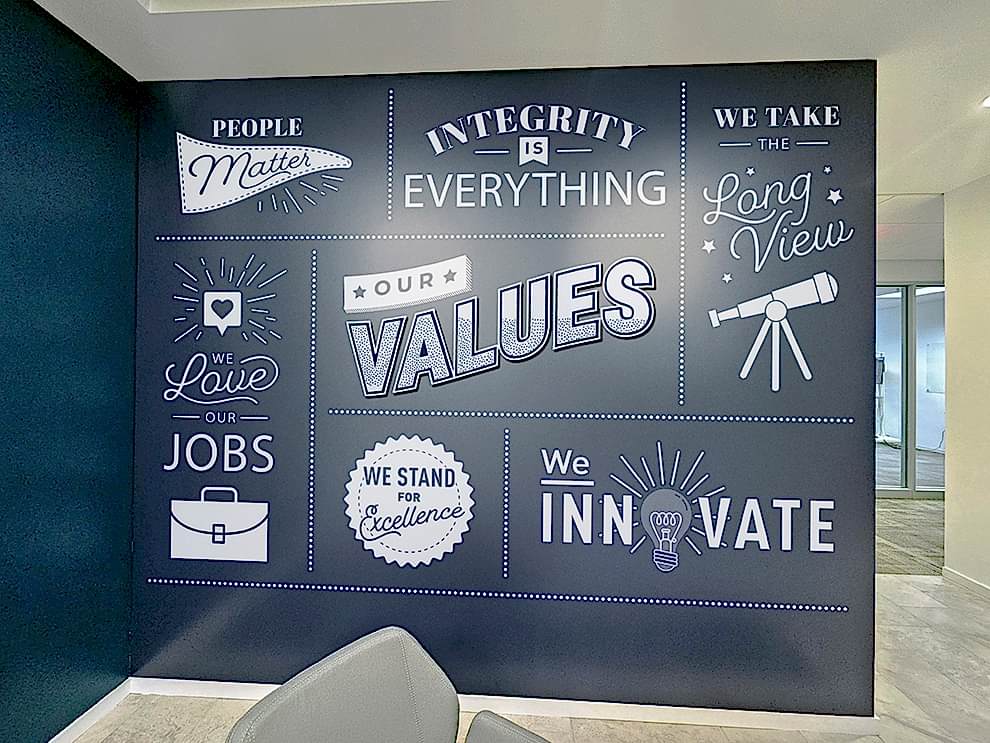 Office lobby wall wrap design for workplace branding in Rock Hill, SC