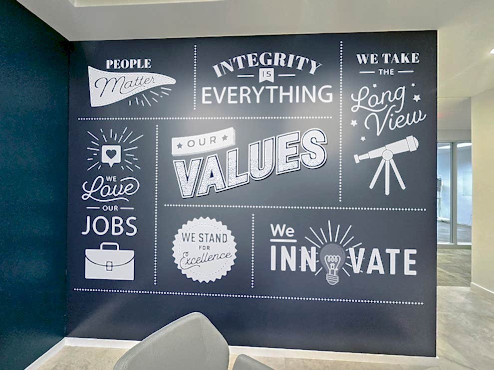 Office lobby wall wrap design for workplace branding in Salisbury, NC