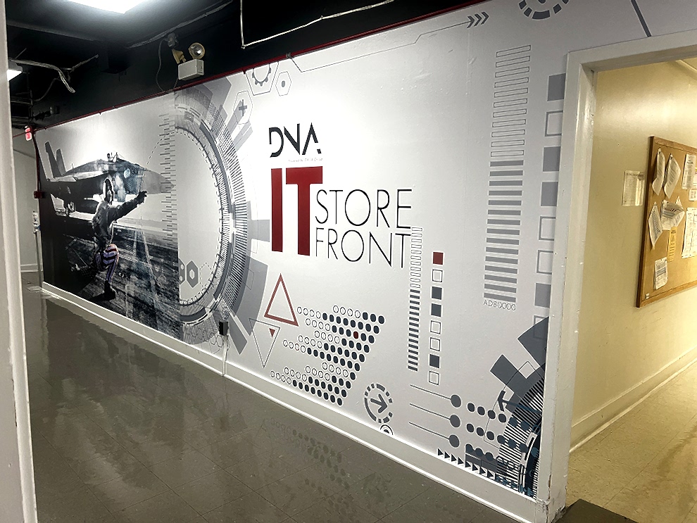 Hallway wall wrap with branded graphics for workplace in Salisbury, NC