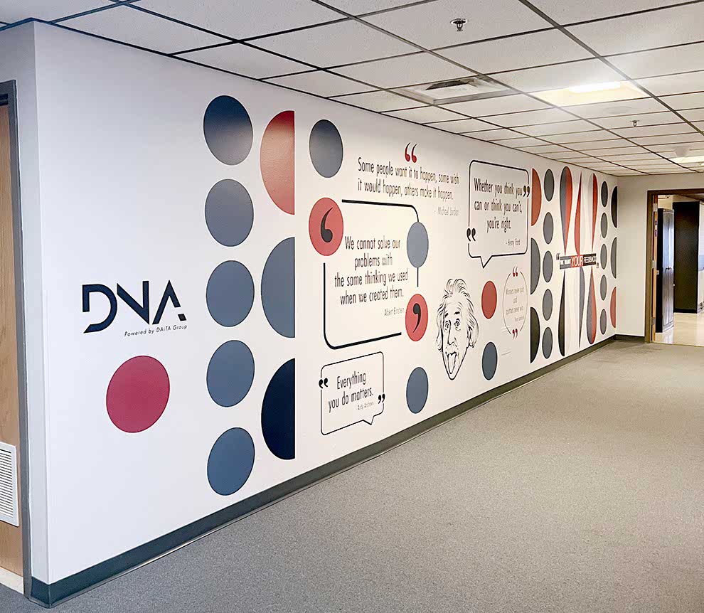 Corporate office wall wrap featuring branded design in Salisbury, NC