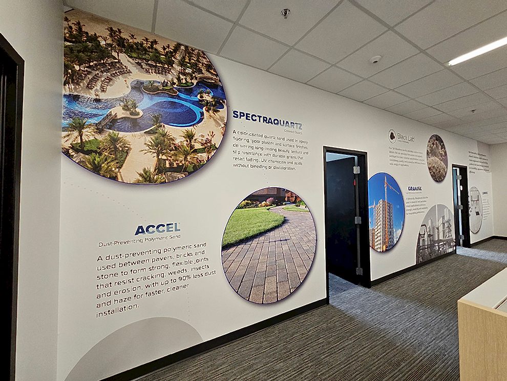Reception area wall mural with custom branding Statesville, NC office